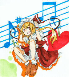 Rule 34 | 1girl, ascot, beamed eighth notes, blonde hair, brown footwear, flandre scarlet, frilled skirt, frills, full body, hair between eyes, hands on headwear, hat, hinode sb, long hair, mob cap, multicolored wings, musical note, one side up, open mouth, pointy ears, puffy short sleeves, puffy sleeves, red eyes, red skirt, red vest, shirt, shoes, short sleeves, skirt, socks, solo, staff (music), teeth, touhou, traditional media, upper teeth only, vest, white hat, white shirt, white socks, wings, yellow ascot
