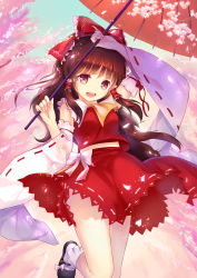 Rule 34 | 1girl, arm up, ascot, bow, brown hair, cherry blossoms, detached sleeves, hair ornament, hair ribbon, hair tubes, hakurei reimu, highres, japanese clothes, leisikukki, long hair, long sleeves, looking at viewer, mary janes, miko, oil-paper umbrella, open mouth, petals, red eyes, ribbon, shirt, shoes, skirt, skirt set, smile, socks, solo, standing, standing on one leg, touhou, umbrella, upskirt, white socks, wide sleeves