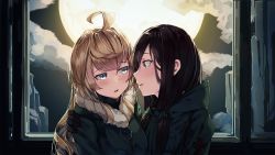Rule 34 | 2girls, after kiss, ahoge, arm around shoulder, black gloves, blonde hair, blue eyes, blush, brown hair, chito (shoujo shuumatsu ryokou), commentary request, full moon, fur trim, gloves, green jacket, hair between eyes, hand on another&#039;s shoulder, highres, jacket, long hair, looking at another, low twintails, moon, multiple girls, natori youkai, parted lips, profile, saliva, saliva trail, shoujo shuumatsu ryokou, twintails, upper body, window, yellow eyes, yuri, yuuri (shoujo shuumatsu ryokou)