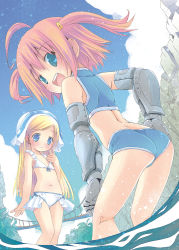 Rule 34 | 2girls, :d, ahoge, ass, bad id, bad twitter id, bikini, bikini skirt, blonde hair, blue bikini, blue eyes, blue sky, blush, bridge, cloud, cloudy sky, commentary request, day, flat chest, gauntlets, green eyes, hair tie, hand on own hip, hat, highres, kneepits, leaning forward, light frown, looking at viewer, looking back, multiple girls, navel, open mouth, original, outdoors, parted lips, pop (electromagneticwave), red hair, short hair, sky, smile, standing, swept bangs, swimsuit, two side up, wading, water, white bikini, white headwear
