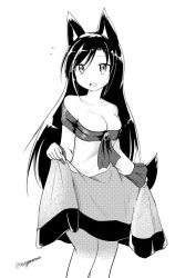 Rule 34 | 1girl, animal ears, bag, bare shoulders, breasts, brooch, cleavage, clothes lift, dress, dress lift, fang, fingernails, greyscale, imaizumi kagerou, jewelry, long fingernails, long hair, long sleeves, looking at viewer, medium breasts, monochrome, open mouth, tail, taurine 8000mg, touhou, twitter username, wolf ears, wolf tail