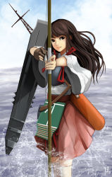 Rule 34 | 10s, 1girl, absurdres, aiming, aiming at viewer, akagi (kancolle), arrow (projectile), bow (weapon), brown eyes, brown hair, cloud, cloudy sky, day, diandianzai, drawing bow, expressionless, fingerless gloves, gloves, hakama, hakama short skirt, hakama skirt, highres, holding, holding bow (weapon), holding weapon, japanese clothes, kantai collection, kneehighs, lips, long hair, looking at viewer, muneate, ocean, skirt, sky, socks, solo, weapon, white socks
