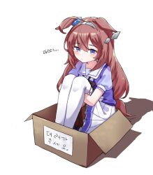 Rule 34 | 1girl, ahoge, animal ears, blue eyes, blush, box, brown hair, cardboard box, dated commentary, ear ornament, ears down, full body, hair between eyes, hair ornament, hairclip, headband, horse ears, horse tail, in box, in container, jambujok, knees up, korean text, long hair, mihono bourbon (umamusume), petticoat, pleated skirt, sad, school uniform, simple background, sitting, skirt, solo, tail, thighhighs, tracen school uniform, translation request, umamusume, white background, white skirt