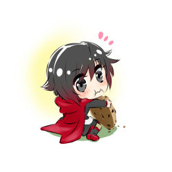 Rule 34 | 1girl, black hair, boots, cape, chibi, cookie, eating, food, food on face, gradient background, grey eyes, highres, hood, iesupa, ruby rose, rwby, short hair, solo