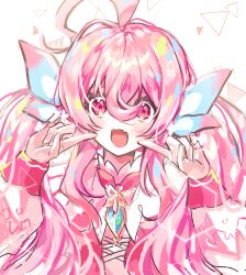 Rule 34 | ahoge, blue bow, blue gemstone, blush, bow, colorful, dress, elsword, fingersmile, gem, hair bow, happy, highres, laby (elsword), long hair, long sleeves, looking at viewer, low twintails, open mouth, pink bow, pink dress, pink eyes, pink hair, puffy long sleeves, puffy sleeves, radiant soul (elsword), sidelocks, simple background, smile, tkylv1683, twintails, two-tone bow, upper body, very long hair, white background