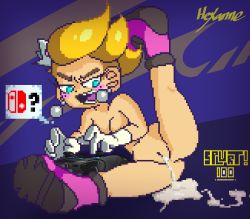 Rule 34 | 1girl, aftersex, blonde hair, blue background, blue eyes, blush, boots, breasts, collarbone, controller, crown, cum, cum in pussy, cumdrip, earrings, english text, female focus, full body, game controller, gloves, grey headwear, half-closed eyes, happy, hexanne, highres, jewelry, jpeg artifacts, kneepits, knockout city, leaning to the side, leg up, looking down, medium breasts, mini crown, mole, mole under eye, navel, nintendo switch pro controller, nude, open mouth, pink footwear, pixel art, princess charm, puddle, pussy, short hair, sitting, smile, solo, speech bubble, spread legs, teeth, tilted headwear, uncensored, undercut, v-shaped eyebrows, white gloves