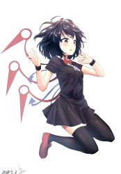 Rule 34 | 1girl, ahoge, arms up, asymmetrical wings, black dress, black hair, black thighhighs, blue wings, blush, bow, bowtie, breasts, buttons, center frills, commentary request, dated, dress, floating, footwear bow, frilled dress, frills, full body, hair between eyes, highres, houjuu nue, kisamu (ksmz), looking at viewer, looking down, looking to the side, messy hair, open mouth, pointy ears, red bow, red bowtie, red eyes, red footwear, red wings, short dress, short hair, short sleeves, signature, simple background, small breasts, solo, sweatdrop, thighhighs, touhou, white background, wings, wristband