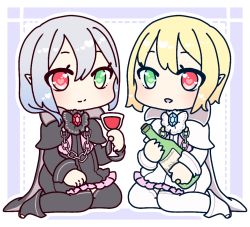 Rule 34 | 2girls, alcohol, black capelet, black dress, black footwear, black legwear, blonde hair, blush, boots, border, bottle, capelet, chain, chibi, closed mouth, crystal, cup, dress, drinking glass, female focus, frilled dress, frills, full body, green eyes, hand up, heart, heart-shaped pupils, heart in eye, heterochromia, holding, iris blanche, iris noire, light blush, looking at viewer, muguet, multiple girls, open mouth, outline, pantyhose, red eyes, rune factory, rune factory frontier, siblings, silver hair, sisters, sitting, smile, symbol-shaped pupils, symbol in eye, thighhighs, white capelet, white dress, white footwear, white legwear, white outline, wine, wine bottle, wine glass