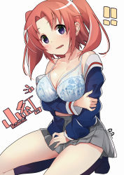 Rule 34 | !, !!, 1girl, absurdres, arm grab, black socks, blush, bra, breasts, character name, collarbone, commentary request, highres, kneehighs, kneeling, large breasts, looking at viewer, mikakunin de shinkoukei, no shoes, off shoulder, parted lips, pink hair, purple eyes, school uniform, short hair, simple background, skirt, socks, solo, two side up, underwear, white background, yamacchi, yonomori kobeni