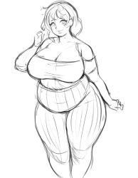 Rule 34 | 1girl, asaragi, breasts, cleavage, fat, huge breasts, plump, sketch, smile, solo, thick thighs, thighs, wide hips