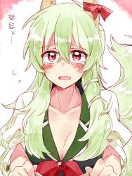 Rule 34 | 1girl, 6 (yuchae), breasts, cleavage, collarbone, ex-keine, green hair, horn ornament, horn ribbon, horns, kamishirasawa keine, large breasts, long hair, looking at viewer, neckerchief, open mouth, red eyes, ribbon, solo, tail, tears, touhou, translation request, upper body