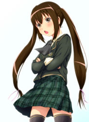 Rule 34 | 1girl, boku wa tomodachi ga sukunai, brown eyes, brown hair, chestnut mouth, cosplay, crossed arms, diesel-turbo, long hair, mikazuki yozora, mikazuki yozora (cosplay), minami-ke, minami kana, school uniform, voice actor connection, solo, thighhighs, twintails