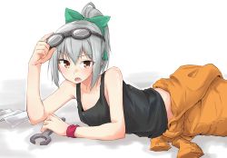 Rule 34 | 10s, 1girl, bad id, bad twitter id, bare shoulders, blush, bow, brown eyes, clothes around waist, cowboy shot, folded ponytail, grey hair, hair bow, jumpsuit, kantai collection, kodera ju, long hair, looking at viewer, lying, on stomach, open mouth, orange jumpsuit, out of frame, ponytail, simple background, solo, tank top, wrench, yuubari (kancolle)