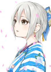 Rule 34 | 1girl, black eyes, blue bow, bow, cherry blossoms, earrings, floral print, from side, ginnote, hair between eyes, hair bow, idolmaster, idolmaster cinderella girls, japanese clothes, jewelry, kimono, parted lips, print kimono, shiomi syuko, short hair, silver hair, simple background, sketch, solo, striped clothes, striped kimono, upper body, white background, yukata