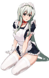 Rule 34 | 10s, 1girl, alternate costume, apron, between legs, blue dress, blush, brown eyes, dress, enmaided, gloves, hair between eyes, hand between legs, kantai collection, long hair, looking at viewer, maid, maid apron, maid headdress, open mouth, ruuto (sorufu), short dress, shoukaku (kancolle), silver hair, simple background, sitting, solo, thighhighs, very long hair, white background, white gloves, white thighhighs, zettai ryouiki