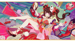 Rule 34 | 10 points of love, 1girl, absurdres, bare shoulders, barefoot, bell, black choker, brown gloves, brown hair, choker, daruma doll, detached sleeves, eyeshadow, flower tattoo, fox mask, gloves, grin, hair ribbon, highres, honkai: star rail, honkai (series), japanese clothes, letterboxed, long hair, looking at viewer, makeup, mask, mask on head, neck bell, pink eyes, red eyeshadow, red ribbon, ribbon, sandals, single barefoot, single glove, sleeveless, smile, solo, sparkle (honkai: star rail), tattoo, twintails