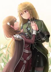 Rule 34 | 2girls, akisame rizu, blonde hair, braid, brown hair, cape, duel monster, exosister elis, exosister stella, eye contact, flower, green eyes, hair ornament, height difference, highres, holding hands, interlocked fingers, jewelry, light blush, lily (flower), long hair, looking at another, medium hair, military uniform, multiple girls, necklace, open mouth, simple background, skirt, smile, socks, star (symbol), star hair ornament, uniform, yu-gi-oh!, yuri