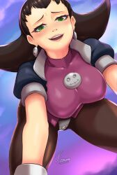 Rule 34 | 1girl, ass, blush, breasts, brown hair, capcom, crotch plate, earrings, green eyes, highres, jewelry, large breasts, lipstick, makeup, mega man (series), mega man legends (series), naughty face, noxcuro, smile, solo, thick thighs, thighs, tron bonne (mega man)