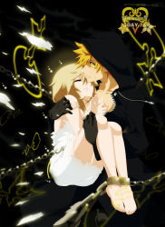 Rule 34 | 1boy, 1girl, annria2002, barefoot, black coat (kingdom hearts), blonde hair, breasts, cleavage, closed eyes, crying, crying with eyes open, dress, feet, hand on leg, highres, kingdom hearts, kingdom hearts ii, medium hair, namine, roxas, short hair, tears