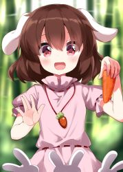 Rule 34 | 1girl, :d, animal ears, bamboo, bamboo forest, blush, brown hair, carrot, carrot necklace, commentary request, dress, floppy ears, food, forest, highres, holding, holding food, holding vegetable, inaba mob (touhou), inaba tewi, jewelry, nature, necklace, open mouth, outdoors, pink dress, puffy short sleeves, puffy sleeves, rabbit ears, rabbit girl, red eyes, ribbon-trimmed dress, ruu (tksymkw), short hair, short sleeves, smile, solo, touhou, upper body, vegetable