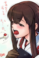 Rule 34 | 10s, 1girl, akagi (kancolle), blush, brown eyes, brown gloves, brown hair, cherry, food, fruit, gloves, kantai collection, lee (colt), long hair, muneate, open mouth, partially fingerless gloves, partly fingerless gloves, saliva, simple background, solo focus, straight hair, tasuki, tongue, tongue out, translation request, white background, yugake