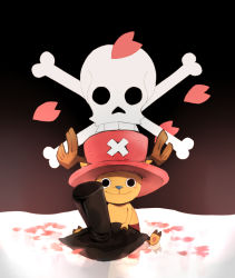 Rule 34 | antlers, bad id, bad pixiv id, cherry blossoms, chiro (pez777), dr. hiluluk, drum island, family, flag, footprints, hat, horns, jolly roger, memento (movie), no humans, one piece, petals, pink hat, reindeer, reindeerboy, shorts, sitting, skull and crossbones, smile, snow, solo, tony tony chopper, top hat