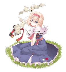 Rule 34 | 1girl, alice margatroid, blonde hair, blue eyes, book, capelet, dress, female focus, flower, grass, hairband, looking at viewer, mochiki, open book, paper, short hair, sitting, solo, touhou, v arms