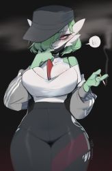 Rule 34 | 1girl, absurdres, artist name, between breasts, black choker, black hat, breasts, choker, cigarette, cleavage, creatures (company), dated, game freak, gardevoir, gen 3 pokemon, green hair, grey jacket, hair over one eye, hat, heart, heart-shaped pupils, highres, holding, holding cigarette, jacket, large breasts, long hair, long sleeves, looking at viewer, mask, mask pull, mouth mask, nintendo, pokemon, pokemon (creature), short hair, solo, speech bubble, symbol-shaped pupils, yuio58ok