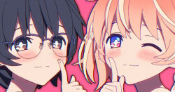 Rule 34 | + +, 2girls, 3d, black hair, blender (medium), blonde hair, blush, bright pupils, brown eyes, cel shading, closed mouth, commentary, dot nose, english commentary, flower, glasses, hair flower, hair ornament, hand up, index finger raised, light smile, looking at viewer, medium hair, mixed-language commentary, multicolored eyes, multicolored hair, multiple girls, orange hair, pink background, pink eyes, portrait, purple eyes, rin (rinrinne), rinne (rinrinne), rinrinne, rinrinne39 (artist), semi-rimless eyewear, short hair, short twintails, siblings, simple background, sisters, split mouth, streaked hair, twintails, virtual youtuber, white pupils