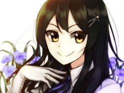 Rule 34 | &gt;:), 10s, 1girl, black hair, closed mouth, collared shirt, floral background, gloves, hair ornament, kantai collection, looking at viewer, oyashio (kancolle), portrait, shirt, smile, solo, v-shaped eyebrows, white background, white gloves, white shirt, wing collar, yellow eyes, yuusakura kyouta