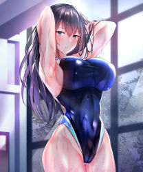 Rule 34 | 1girl, arms behind head, black hair, black one-piece swimsuit, blue eyes, breasts, commentary request, competition swimsuit, covered navel, cowboy shot, diletta, highres, indoors, large breasts, long hair, looking at viewer, one-piece swimsuit, original, parted lips, solo, swimsuit, tree, wet, wet clothes, wet swimsuit, window