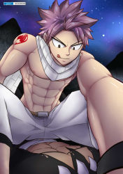 Rule 34 | 2boys, abs, bara, fairy tail, male focus, multiple boys, muscular, natsu dragneel, naughty face, outdoors, pectorals, pink hair, straddling, sweat, tofu (coolboyz18), undressing, yaoi
