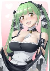 Rule 34 | 1girl, :d, azur lane, bare shoulders, between breasts, black dress, black ribbon, blush, breasts, clothes lift, cosplay, danbora, dress, dress lift, formidable (azur lane), formidable (azur lane) (cosplay), frilled dress, frills, green hair, hair ribbon, heart, highres, large breasts, long hair, looking at viewer, open mouth, ribbon, shropshire (azur lane), smile, solo, twintails, two-tone dress, two-tone ribbon, upper body, white dress, white ribbon, yellow eyes