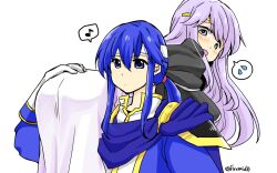 Rule 34 | 1boy, 1girl, ass, blue cape, blue eyes, blue hair, brother and sister, cape, carrying, carrying over shoulder, circlet, fire emblem, fire emblem: genealogy of the holy war, headband, julia (fire emblem), long hair, musical note, nintendo, open mouth, ponytail, purple eyes, purple hair, seliph (fire emblem), siblings, simple background, spoken musical note, white headband, yukia (firstaid0)