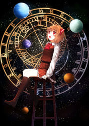Rule 34 | 1girl, ahoge, arms at sides, ascot, black footwear, black legwear, blonde hair, brown legwear, brown skirt, brown vest, clock, collared shirt, dark background, foot dangle, frilled skirt, frills, from side, hair between eyes, hair ribbon, highres, long sleeves, looking afar, looking up, open mouth, planet, planetarium, pleated skirt, red eyes, red ribbon, ribbon, rumia, sh (shinh), shirt, shoes, short hair, sitting, skirt, skirt set, sleeves past wrists, solo, star (sky), star (symbol), starry background, stool, touhou, vest, white shirt, wing collar