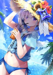 Rule 34 | amane kanata, angel wings, asymmetrical bangs, asymmetrical hair, bikini, bikini bottom only, blue bikini, blue shirt, bob cut, cowboy shot, cup, disposable cup, drinking, drinking straw, dutch angle, feathered wings, flower, groin, hair over one eye, hat, hat flower, highres, holding, holding clothes, holding cup, holding hat, hololive, hototogisu (hot to gis), lens flare, light rays, midriff, mini wings, navel, no pants, ocean, pp tenshi t-shirt, purple eyes, shade, shirt, short hair, short hair with long locks, short sleeves, side-tie bikini bottom, silver hair, solo, straw hat, summer, sun hat, sunbeam, sunflower, sunlight, swimsuit, t-shirt, tied shirt, tropical, virtual youtuber, white wings, wings