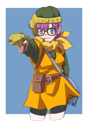 1girl 2024_summer_olympics bag belt bike_shorts black_shorts blue_bag blue_eyes blunt_bangs brown_belt chrono_trigger closed_mouth glasses gun helmet highres holding holding_gun holding_weapon long_sleeves looking_at_viewer lucca_ashtear meme olympics orange_tunic parted_bangs purple_hair shikiwo shirt short_hair shorts shoulder_bag solo suspenders tunic weapon