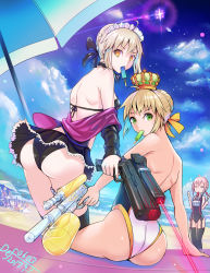 Rule 34 | 3girls, ahoge, artoria pendragon (alter swimsuit rider) (second ascension) (fate), artoria pendragon (fate), artoria pendragon (swimsuit archer) (third ascension) (fate), ass, bikini, black bikini, black legwear, blonde hair, braid, breasts, clothes writing, dated, day, def (chronowarld), fate/grand order, fate (series), food, garter belt, green eyes, gun, hair between eyes, hair bun, hair over shoulder, handgun, highres, holding, jacket, laser, laser pointer projection, maid, maid bikini, microskirt, mouth hold, multiple girls, mysterious heroine x (fate), mysterious heroine x alter (fate), one-piece swimsuit, outdoors, pink hair, popsicle, shiny clothes, shiny skin, short hair with long locks, sideboob, sidelocks, single hair bun, sitting, skirt, swimsuit, thighhighs, unconventional maid, water gun, weapon, yellow eyes