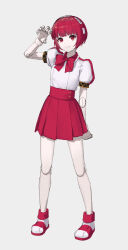 Rule 34 | 1girl, android, bare legs, bow, bowtie, closed mouth, commentary request, dorothy haze, full body, grey background, hairband, hand up, highres, joints, looking at viewer, megusuri nodoame kuensan, no socks, pleated skirt, puffy short sleeves, puffy sleeves, red bow, red bowtie, red eyes, red footwear, red hair, red hairband, red skirt, robot joints, shadow, shirt, shoes, short hair, short sleeves, simple background, skirt, smile, solo, standing, striped clothes, striped hairband, two-tone footwear, va-11 hall-a, variant set, white footwear, white hairband, white shirt