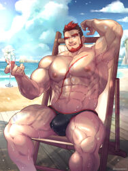 Rule 34 | 1boy, abs, bara, beach, black male swimwear, blue sky, body markings, bulge, cloud, cup, day, drinking glass, facial hair, feet out of frame, highres, large pectorals, male focus, male swimwear, mature male, muscular, muscular male, mustache stubble, navel, navel hair, nipples, ocean, onionworkshop, original, outdoors, paid reward available, pectorals, red hair, sand, short hair, sideburns, sitting, sky, smile, solo, stomach, stubble, swim briefs, thick thighs, thighs, topless male, two-tone beard, undercut, water, wine glass