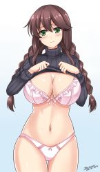 Rule 34 | 10s, 1girl, 2016, 3:, artist name, black sweater, blue background, blush, bow, bow bra, bow panties, bra, braid, breasts, brown hair, cleavage, closed mouth, clothes lift, cowboy shot, dated, eyebrows, frilled bra, frills, gradient background, green eyes, hair tie, highres, kantai collection, large breasts, lifted by self, long hair, long sleeves, looking at viewer, navel, no pants, noshiro (kancolle), panties, pink bow, pink bra, ribbed sweater, shirt, shirt lift, signature, simple background, solo, standing, stomach, sweater, sweater lift, the-sinner, thigh gap, turtleneck, twin braids, twintails, underwear, white background