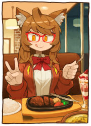 Rule 34 | 1girl, :q, ahoge, animal ear fluff, animal ears, border, bow, bowtie, brick wall, broccoli, brown hair, cat ears, closed mouth, collared shirt, commentary, commission, diner, dress shirt, english commentary, fork, glasses, hand up, highres, holding, holding fork, hood, hood down, hoodie, huge ahoge, indoors, jacket, knife, lamp, long hair, long sleeves, looking at food, marika (zeddaru), mizuno (okn66), orange eyes, original, red-framed eyewear, red bow, red bowtie, red hoodie, red jacket, rice, shirt, sidelocks, skeb commission, slit pupils, solo, straight hair, strawberry parfait, swept bangs, table, tongue, tongue out, tonkatsu, tsurime, v, white border, white shirt, window