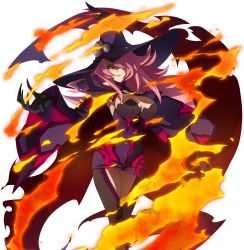 Rule 34 | 1girl, black sclera, blazblue, blazblue: central fiction, breasts, cleavage, colored sclera, fire, hat, konoe a. mercury, large breasts, leggings, long hair, official art, pink hair, solo, transparent background, witch hat, yellow eyes