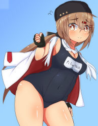 Rule 34 | 1girl, absurdres, black bow, black hat, black one-piece swimsuit, blue background, bow, breasts, brown eyes, brown hair, cleavage, commentary request, contrapposto, covered navel, cowboy shot, cunachio, fur hat, hair bow, hat, highres, jacket, kantai collection, long hair, low twintails, medium breasts, name tag, one-piece swimsuit, open clothes, open jacket, papakha, scarf, school swimsuit, simple background, solo, standing, swimsuit, swimsuit under clothes, tashkent (kancolle), torn clothes, torn scarf, twintails, white jacket, white scarf