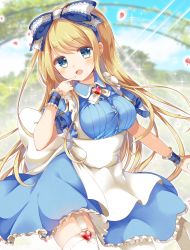 Rule 34 | 1girl, :d, apron, aqua eyes, back bow, blonde hair, blue dress, blurry, blurry background, blush, bow, breasts, brooch, button gap, collared dress, cowboy shot, day, depth of field, dress, emu alice, finger to mouth, garter straps, gomano rio, hair bow, hairband, heart, highres, jewelry, light rays, liver city, long hair, looking at viewer, medium breasts, open mouth, outdoors, petals, puffy sleeves, smile, solo, sparkle, tagme, thighhighs, white thighhighs, wrist cuffs