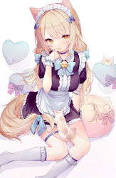 Rule 34 | 1girl, absurdres, animal, animal ears, animal on lap, apron, black dress, blonde hair, blue choker, blue ribbon, blush, breasts, cat, cat on lap, choker, commentary request, dress, frilled apron, frilled dress, frills, fusuma (ramunezake), hand up, heart, heart-shaped pupils, highres, kneehighs, long hair, looking at viewer, maid, maid headdress, medium breasts, no shoes, on lap, original, ribbon, short sleeves, sitting, socks, solo, symbol-shaped pupils, tail, tail ornament, tail ribbon, thigh strap, very long hair, white apron, white background, white socks, yellow eyes