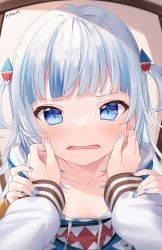 Rule 34 | 1girl, 1other, ahoge, blue eyes, blue hair, blue hoodie, blush, cheek pinching, collarbone, commentary, english commentary, face, gawr gura, hair ornament, hands on another&#039;s face, highres, hitsukuya, hololive, hololive english, hood, hood down, hoodie, long hair, long sleeves, looking at viewer, multicolored hair, out of frame, parted lips, pinching, pov, puffy long sleeves, puffy sleeves, shirt, silver hair, solo focus, streaked hair, sweat, two side up, virtual youtuber, white background