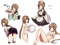 Rule 34 | 5girls, :d, alternate costume, apron, aqua bow, aqua kimono, ball, bare arms, bare legs, beachball, bikini, black bow, black dress, black neckwear, black sailor collar, black skirt, black socks, blowing, blunt bangs, blush, blush stickers, bow, breasts, brown eyes, cleavage, conch, detached collar, dot nose, dress, enmaided, frilled apron, frills, from side, full body, hair bow, hands on own chest, hands on own knees, holding, holding ball, holding beachball, idolmaster, idolmaster cinderella girls, japanese clothes, katase yuu, kimono, kneehighs, knees up, leaning forward, long hair, long sleeves, looking at viewer, looking back, looking to the side, low ponytail, lying, maid, maid apron, maid headdress, midriff, multiple girls, navel, neck ribbon, on back, open mouth, pleated skirt, ponytail, puffy short sleeves, puffy sleeves, red bow, ribbon, sailor collar, school uniform, seashell, serafuku, shell, shirt, short sleeves, side-tie bikini bottom, sidelocks, simple background, skirt, skirt hold, small breasts, smile, socks, spaghetti strap, standing, striped bow, striped clothes, striped kimono, swimsuit, very long hair, white apron, white background, white bikini, white shirt, wide sleeves, yorita yoshino