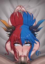 Rule 34 | 1boy, 1girl, :&gt;=, absurdres, ahegao, ass, bed, bed sheet, blue eyes, blue hair, blue horns, blush, bright pupils, commission, completely nude, dragon girl, dragon horns, eyes visible through hair, feet, fellatio, hair between eyes, hetero, heterochromia, highres, horns, inferna dragnis (xoldrek), kneeling, lips, long hair, looking at another, looking at viewer, male pubic hair, monster girl, multicolored hair, nude, open mouth, oral, orange eyes, orange horns, original, pale skin, penis, pubic hair, red hair, rikka (artist), rolling eyes, shiny skin, soles, split-color hair, symbol-shaped pupils, toes, two-tone hair, uncensored, white pupils