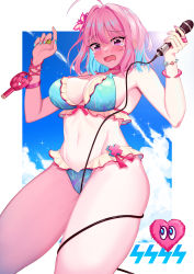 Rule 34 | 1girl, absurdres, ahoge, bangle, bikini, blue bikini, blue hair, blue nails, blue sky, blush, bracelet, breasts, capitan wei, cleavage, cloud, crying, crying with eyes open, day, entangled, flower, frilled bikini, frills, from below, front-tie bikini top, front-tie top, hair between eyes, hair flower, hair ornament, hands up, heart, highres, holding, holding microphone, idolmaster, idolmaster cinderella girls, jewelry, large breasts, looking down, microphone, multicolored hair, multicolored nails, nail polish, navel, open mouth, outdoors, pink eyes, pink flower, pink hair, pink nails, pink wristband, ring, short hair, skindentation, sky, solo, standing, swimsuit, tears, thighs, torn clothes, two-tone hair, wavy mouth, yumemi riamu